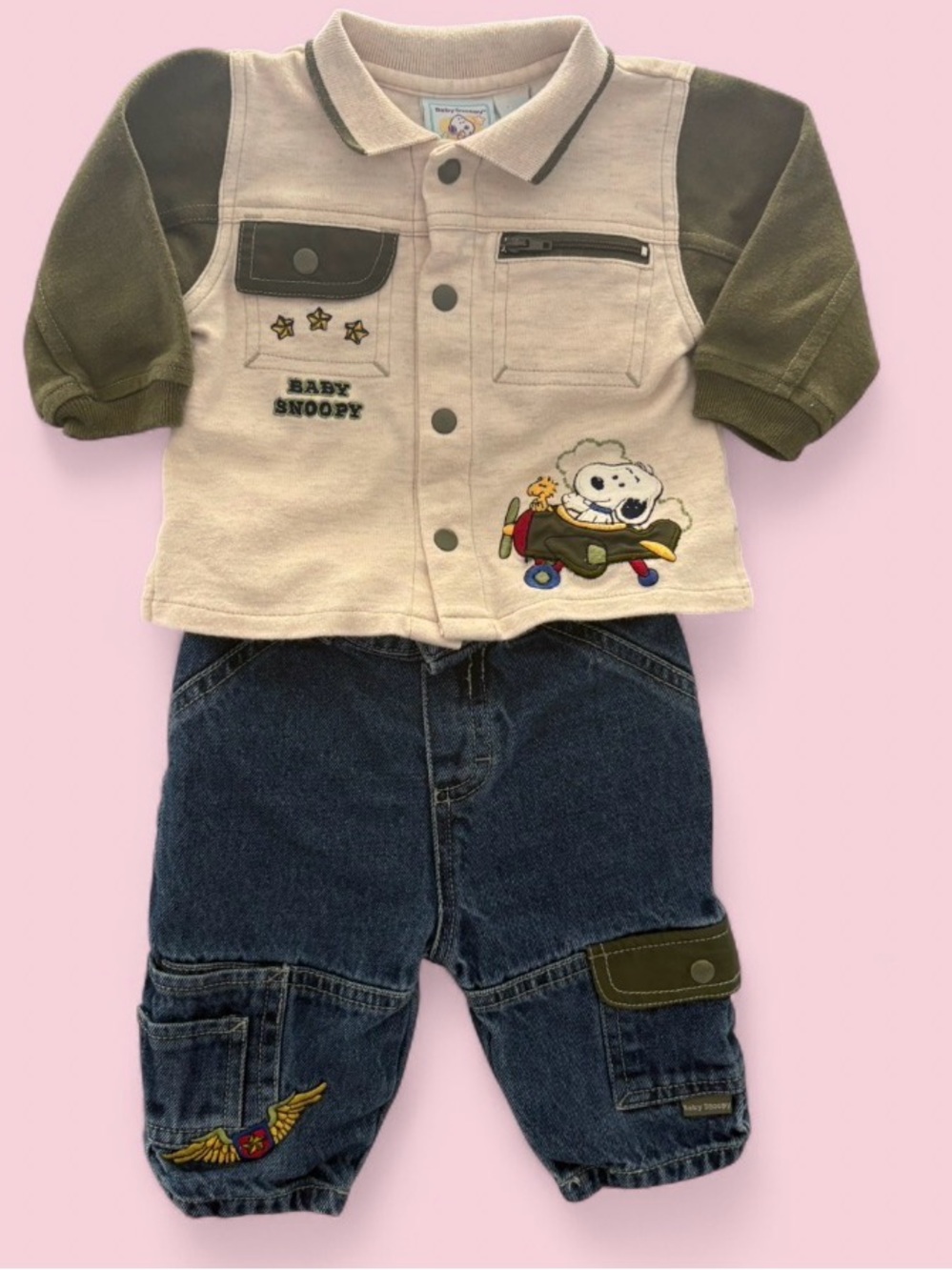 VTG Baby Snoopy 2 Piece Outfit Set Denim Cargo Pants & jacket Sz  3-6 Months